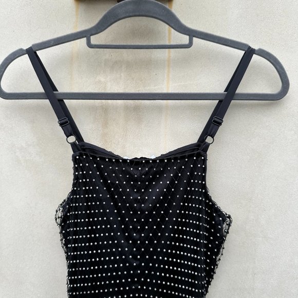Opening Ceremony Slip Dress Black Satin Fishnet Rhinestone Embellished Sz 2 - Picture 9 of 12